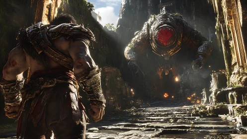 Warrior confronts colossal golem in ruined sunlit temple