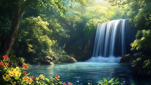 Luminous forest waterfall cascades into a tranquil turquoise pool