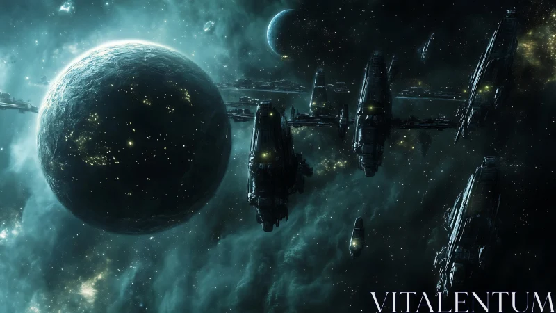 Orbital dreadnought armada encircling mineral-scarred exoplanet.