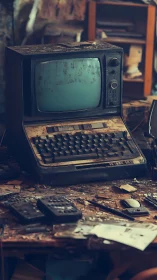 Abandoned CRT terminal with integrated keyboard in dusty workshop
