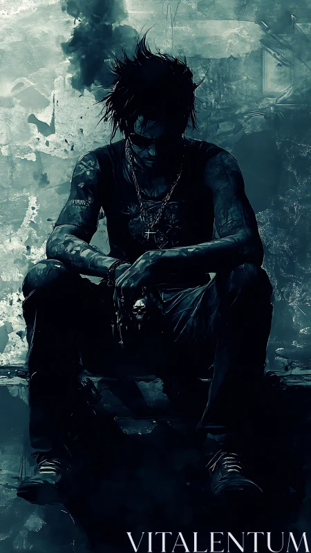 Brooding punk loner rests in shadowy blue urban silence