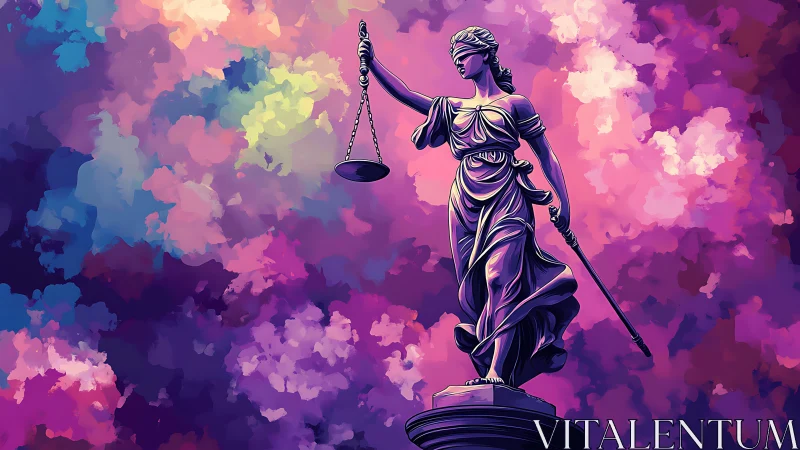 Blind Lady Justice glows against prismatic storm clouds.