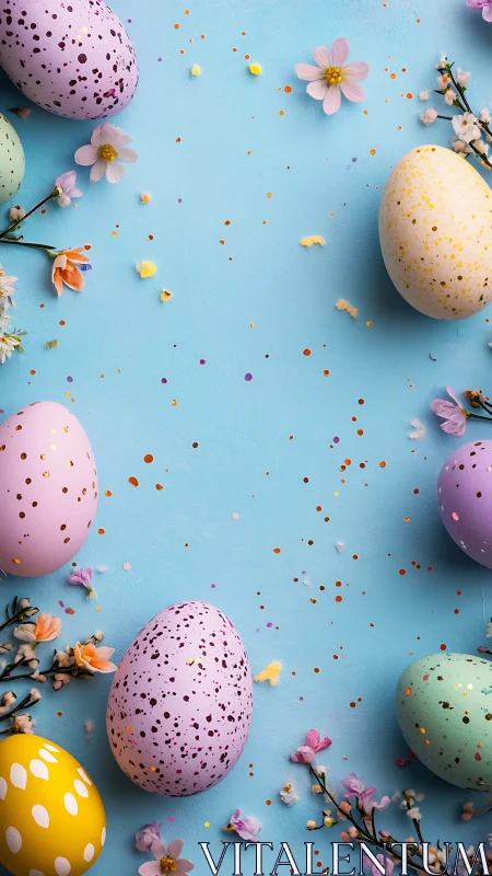 Speckled pastel eggs arranged around blue background space