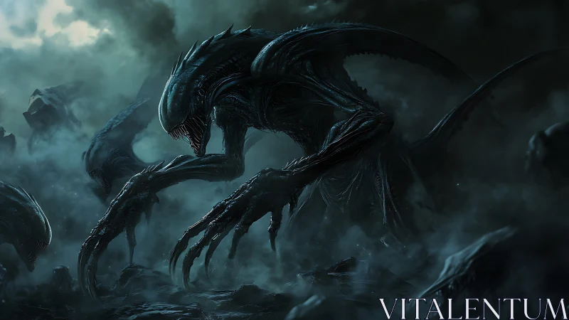 Bio-mechanical xeno predator emerging through toxic fog.