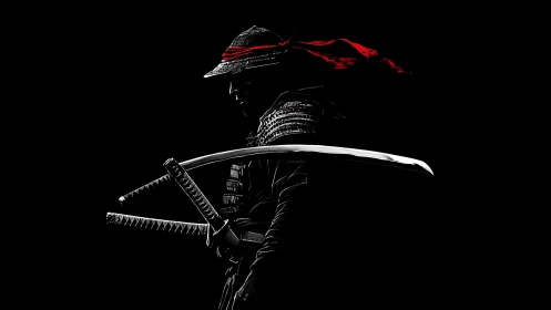 Samurai warrior silhouette holds drawn katana in darkness