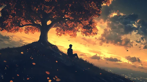 Solitary silhouette under ember-lit sunset tree on hilltop.