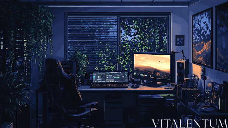 Moody dual-monitor workspace glows in twilight pixels.