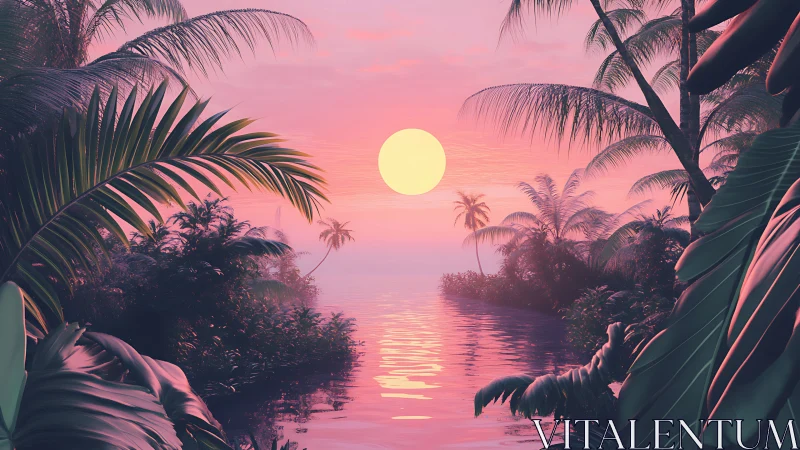Tropical lagoon sunset with pink sky and palm silhouettes.