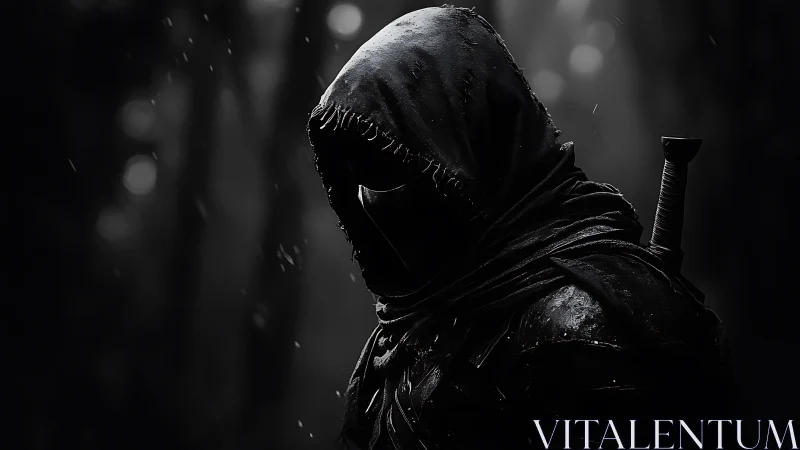 Shrouded rogue in wet leathers under cinematic low key light.