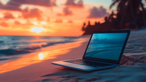 Laptop rests on tropical beach during vivid sunset glow