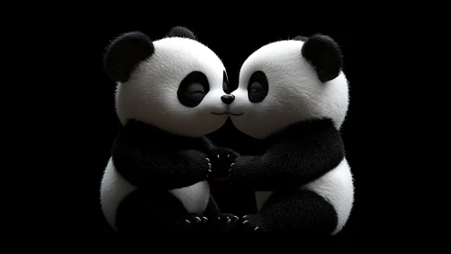 Symmetrical 3D render shows two stylized panda cubs nuzzling closely