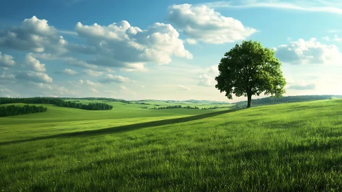 Lone summer oak guarding rolling emerald hills under clouds.