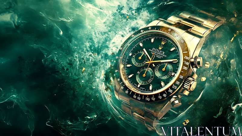 Emerald toned luxury watch floats in swirling teal water
