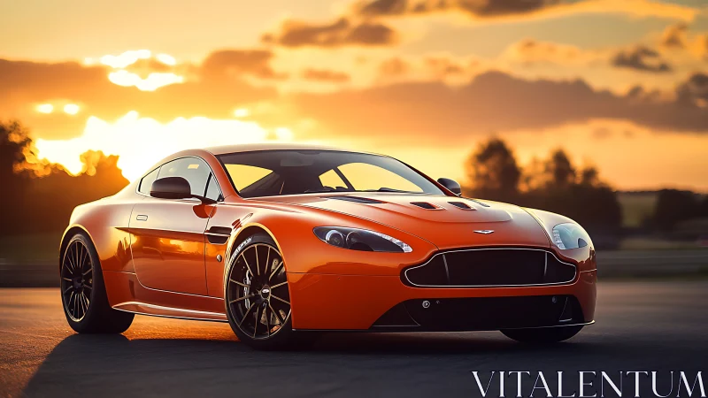 Orange sports coupe parked on track at sunset.