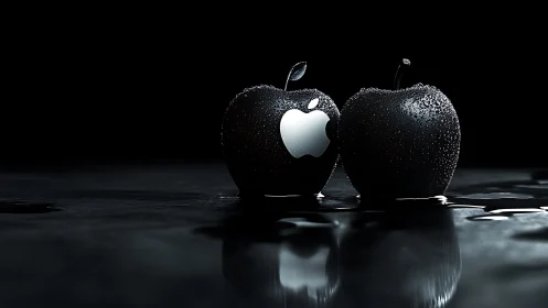 Black apples with metallic logo in dark glossy setting.