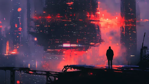 Solitary figure on platform before neon-dense cyberpunk megacity