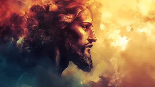 Luminous ethereal profile portrait in nebular cloudscape glow