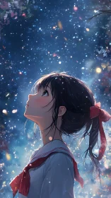 Side profile of schoolgirl under dense starry night sky.