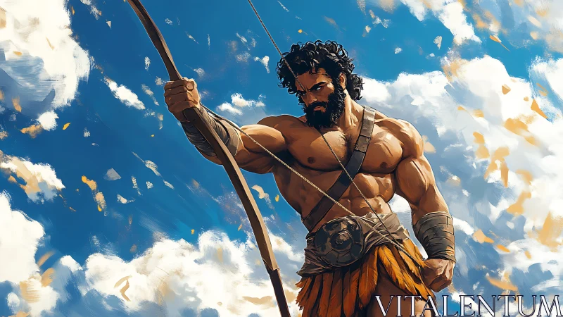 Heroic archer studies bowstring tension against dynamic sky