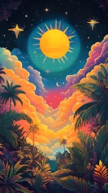 Radiant sun drifts over dreamy tropical jungle at twilight