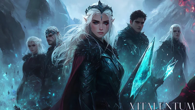 Ice-clad elven warriors stand united in a frozen stronghold.