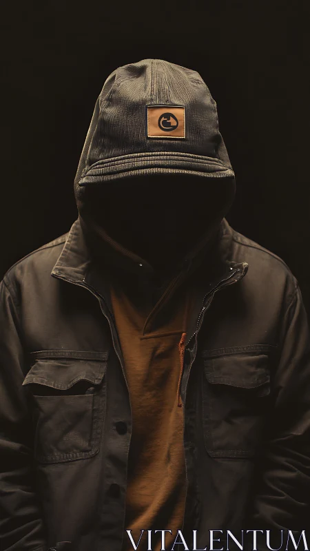 Hooded figure in dark jacket against black background.