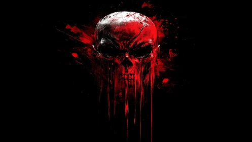 Red dripping skull with splatter on stark black background.
