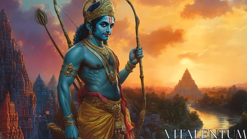 Divine blue archer deity before luminous temple sunset.