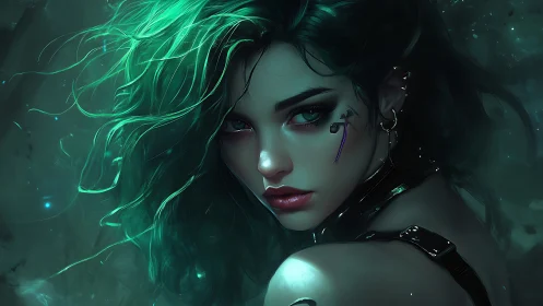 Cyberpunk sorceress portrait with neon emerald hair.