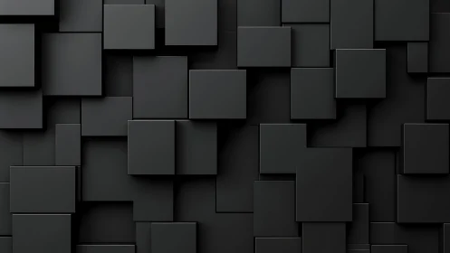 Dark geometric 3D squares forming layered abstract wall.
