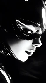 Digital painting portrait of masked chrome femme fatale profile.
