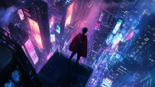 Lone caped watcher gazes across neon drenched future city