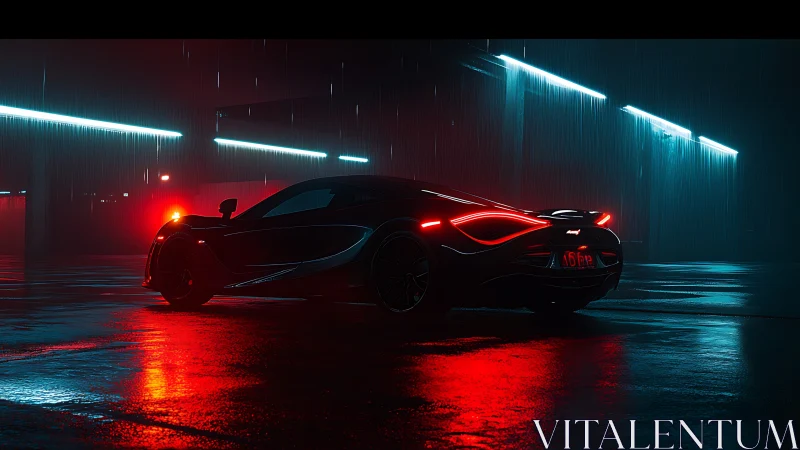 Sports car silhouette in rainy neon lit parking structure