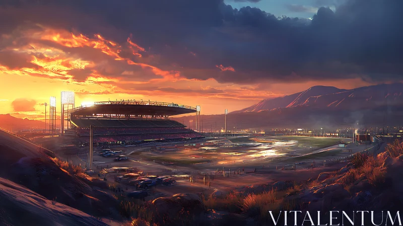 Sunset-illuminated stadium complex in cinematic valley panorama.