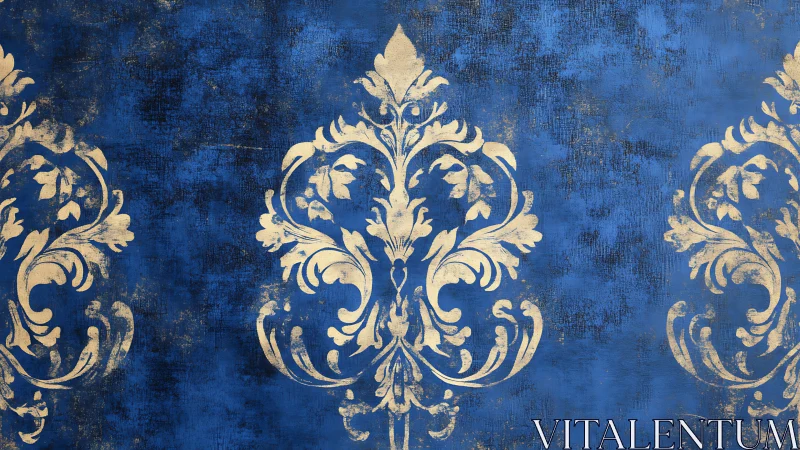 Gold baroque motif repeats over distressed blue ground