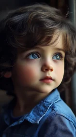 A child with striking blue eyes gazes thoughtfully away