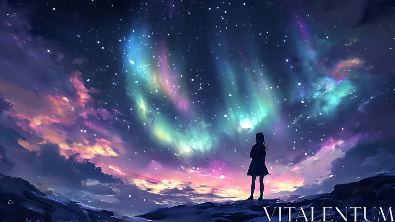 Girl silhouetted under vivid aurora in a dreamlike night sky