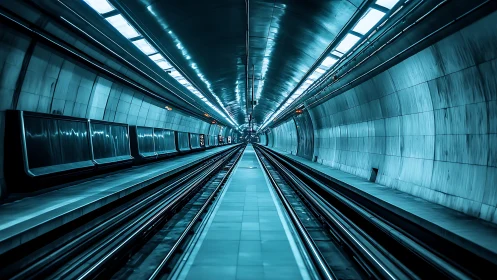 Futuristic metro tunnel in cyan tones with vanishing tracks.