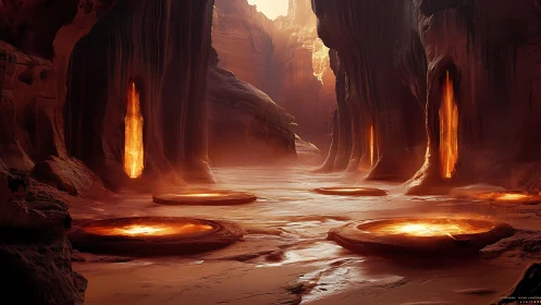 Lava portals embedded in eroded canyon walls under diffuse light