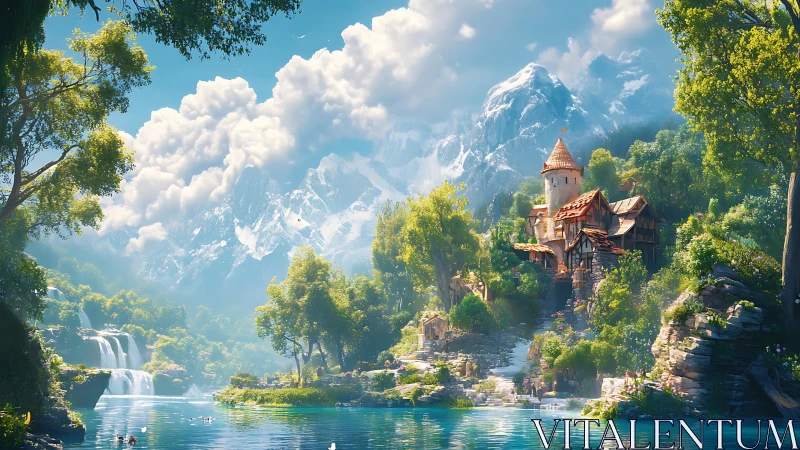 Sunlit riverside castle within luminous alpine valley.