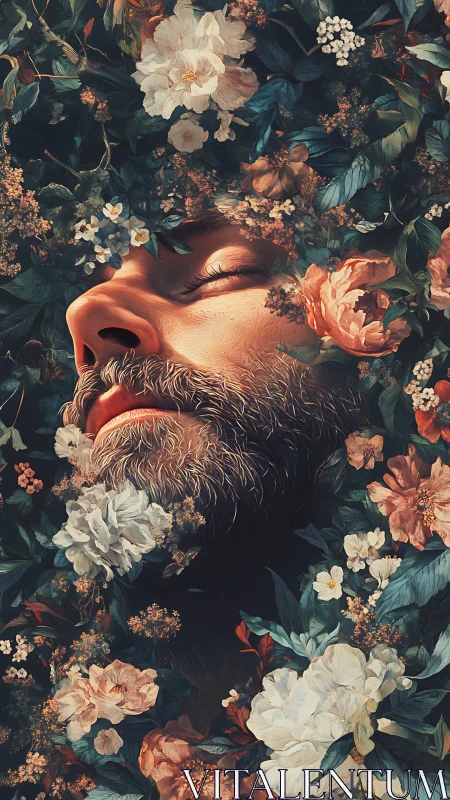 Male portrait immersed in dense florals uses painterly realism