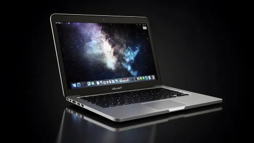 Slim silver laptop displays vivid galaxy desktop wallpaper