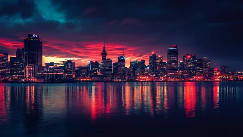 Neon skyline over harbor at vivid twilight reflections.