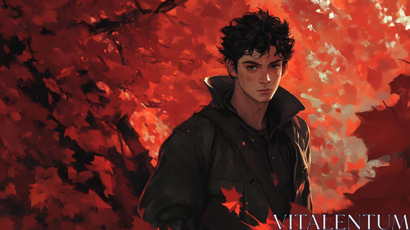 Young male figure stands before dense red foliage backdrop