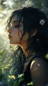 Young woman with dark hair stands in glowing forest light