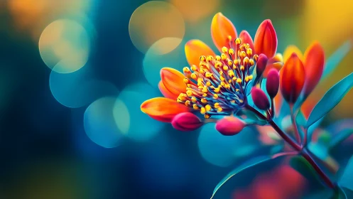 Vibrant tropical flower cluster with warm orange and red petals and yellow stamen