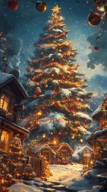 Snowy village glows beneath a towering Christmas tree.