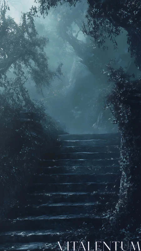 Misty stone staircase ascending through overgrown forest.