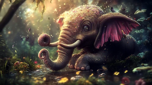 Whimsical baby elephant with rose wings in glowing forest.