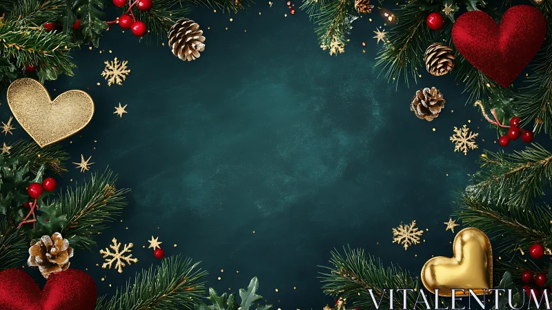 Christmas greenery frame with golden and red heart decor.